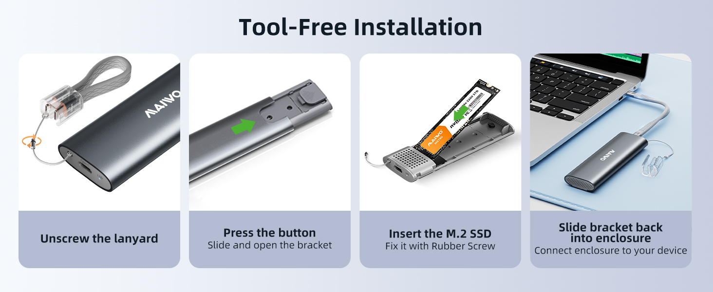 MAIWO USB 3.1 Gen 2 External Enclosure for M.2 NVMe SSD 2230/2242/2260/2280, Tool Free 