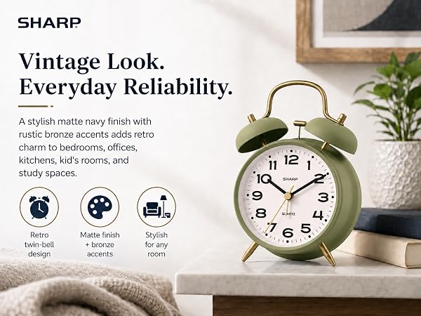 retro clock 50s 60s 70s analog twin bell loud alarm super loud battery powered wake up everytime