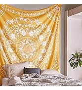 Simpkeely Sketched Floral Medallion Yellow Tapestry, Bohemian Mandala Wall Hanging Tapestries, In...