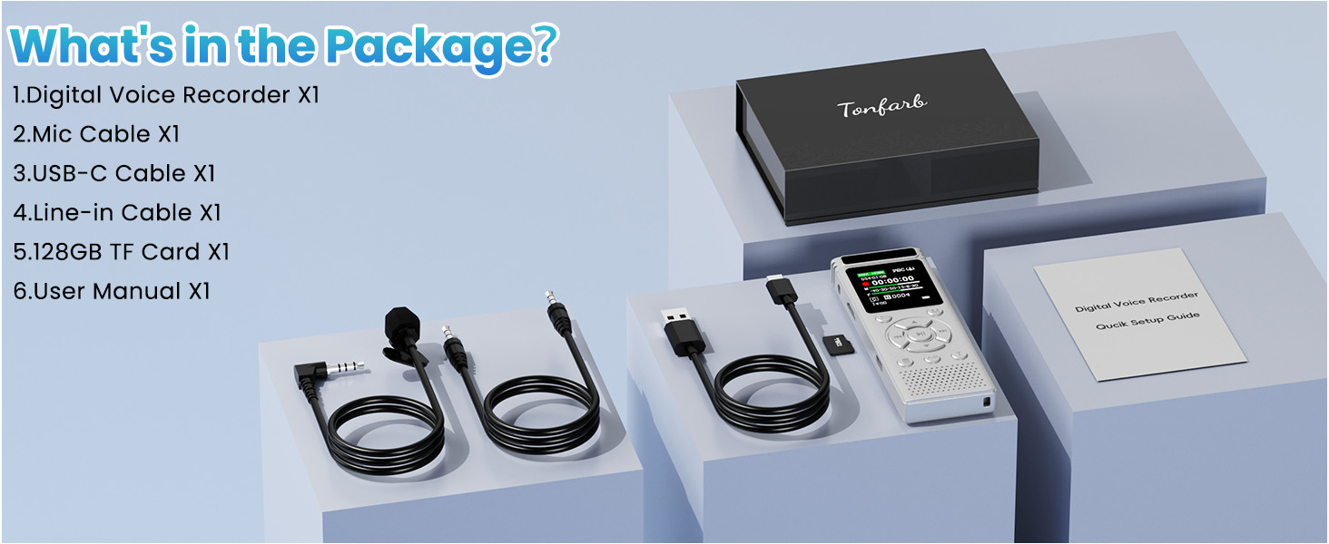 Product List:Digital Voice Recorder/Mic Cable/USB-C Cable/Line-in Cable/128GB TF Card/User Manual