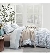 LEMIROE Vintage 100% Cotton Duvet Cover Queen Size 3PC - Elegant Pale Slate Blue Floral Pattern o...