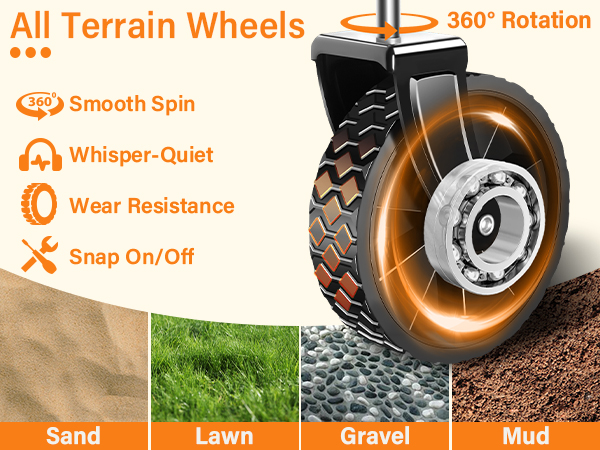360° rotating all-terrain wheels for smooth, quiet movement on sand, lawn, gravel, and mud.