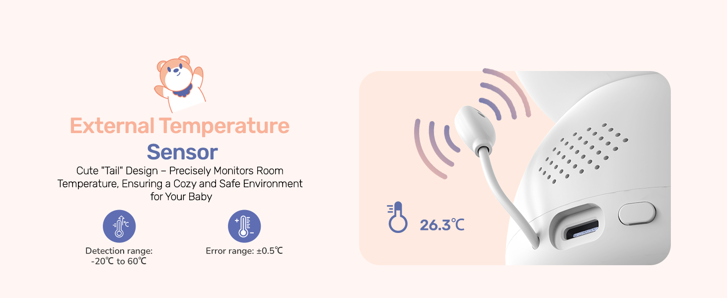 White electronic sensor device with temperature display showing '26.5°C'. Device appears to be a wireless monitoring system with external temperature sensing capabilities.