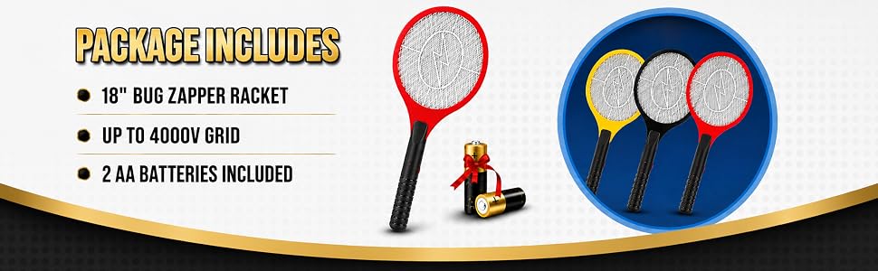 18 inch handheld bug zapper racket with up to 4000V electric grid and 2 AA batteries