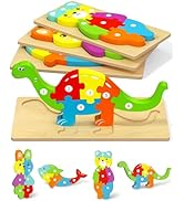 Yetonamr Wooden Toddler Puzzles Montessori Toys for 2 3 4 Years Old Boys Girls, 4 Pack Animal Puz...