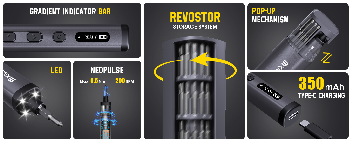 Text reads 'REVOLSTOR' and '350 mAh'. Technical product specifications display showing battery capacity and features through multiple black interface panels.