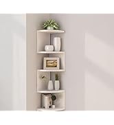 FRAWENLECO No-Drill Corner Shelf Wall Mount, 5-Tier Floating Corner Bookshelf with Hooks, Space-S...