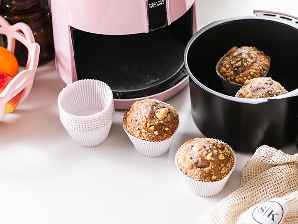 The Silicone Kitchen baking cups in Designer White being used in an Air Fryer