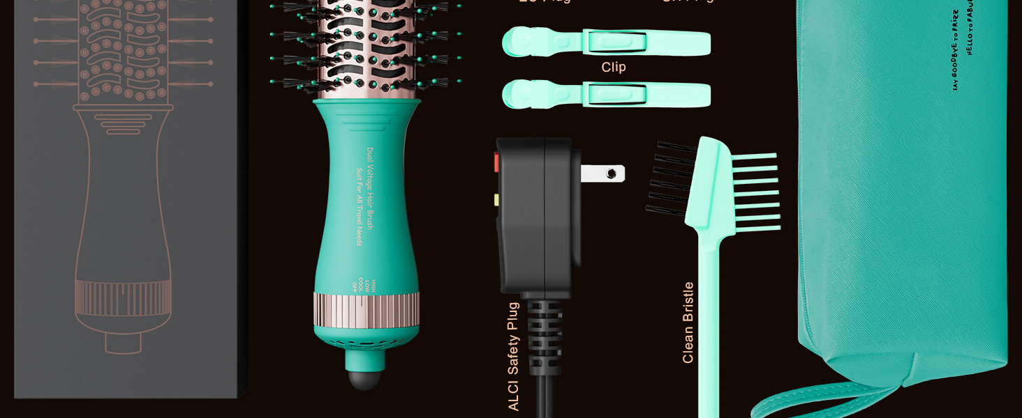 Dual Voltage Hair Dryer Brush With two clips/ ALCI SAFETY PLUG/Clean Bristle &amp;amp;amp; Storage Bag