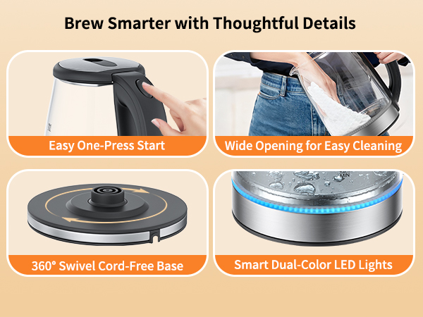 Electric Kettle Glass 2L, 1500W Fast Boiling Hot Water Boiler with Auto Shut-Off, LED Light