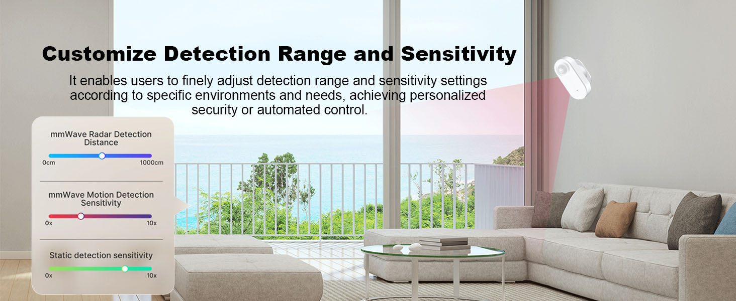 Smart home device with customizable detection settings displayed in living room. Shows adjustable range and sensitivity sliders on device screen, with balcony view in background.