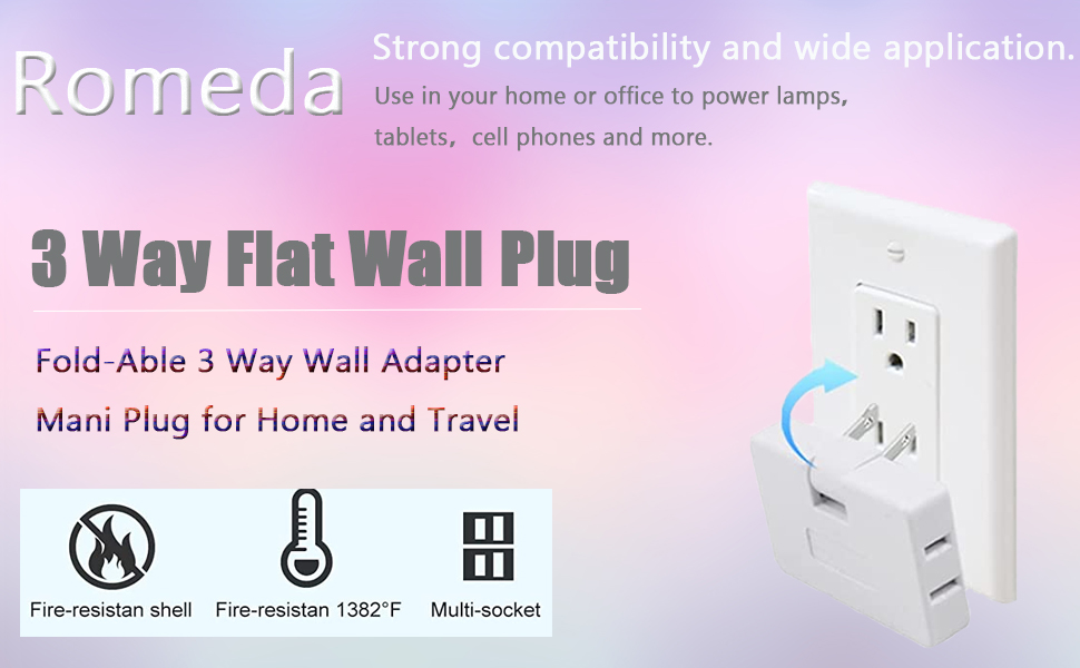 3 Way Flat Wall Plug, AC Flat Wall Outlet Extender Flat Plug Adapter Outlet, Fold-Able Wall Adapter