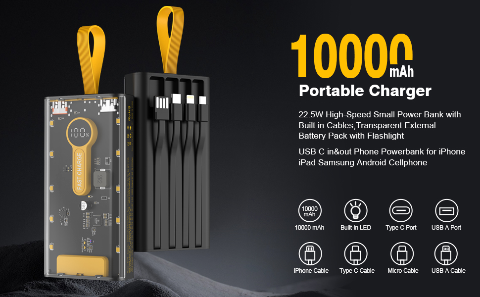 10000mAh portable charger with build in iPhone cable,Type-c cable,Micro cable,USB A cable