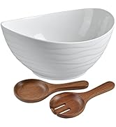 KITEISCAT Extra Large Elegant Ceramic Oval Salad Bowl Set with Premium Acacia Wood Salad Serving ...