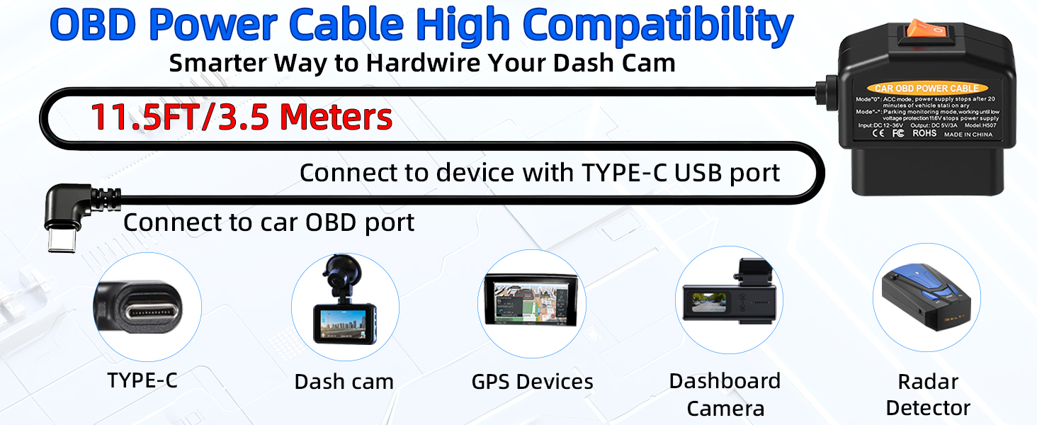 Dash Cam Hardwire Kit USB C, OBD2 to Type-C Adapter Hardwire Kit with 24/7 Parking Mode