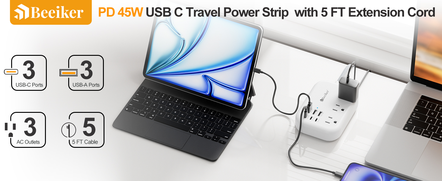 pd 45 w usb c travel power strip with 5ft extension cord