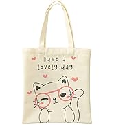 Handytoolinc Canvas Cute Tote Bag 12OZ with Inner Pockets Tote Bags Aesthetic Gifts Reusable Groc...