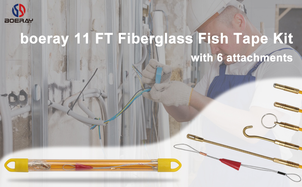 Fiberglass Running Electrical Wire Cable Pulling Fish Tape Kit with 5 Different Attachments
