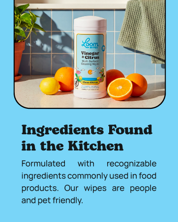 Vinegar wipes canister on kitchen counter with lemons, cleaning vinegar formula