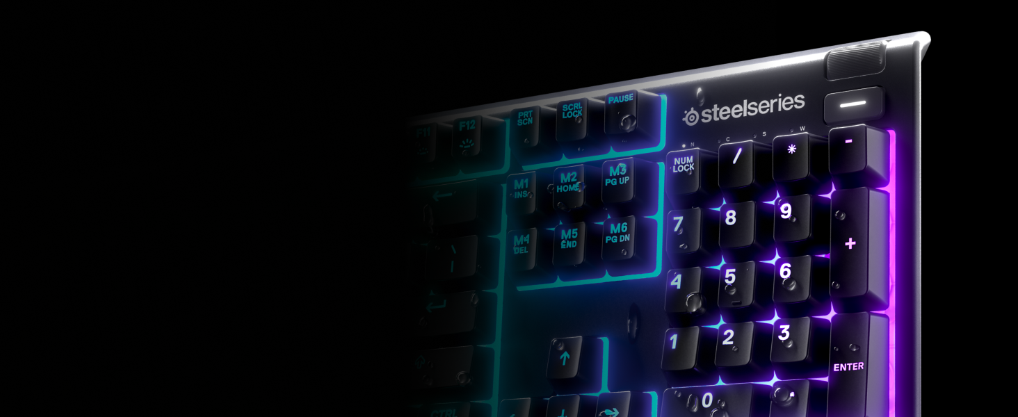 - Apex 3 RGB keyboard with wrist rest and water droplets