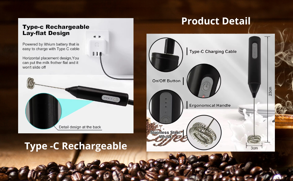 Rechargeable Milk Frother Handheld, Electric Drink Mixer, USB-C, Stainless Steel Whisk, Foam Maker
