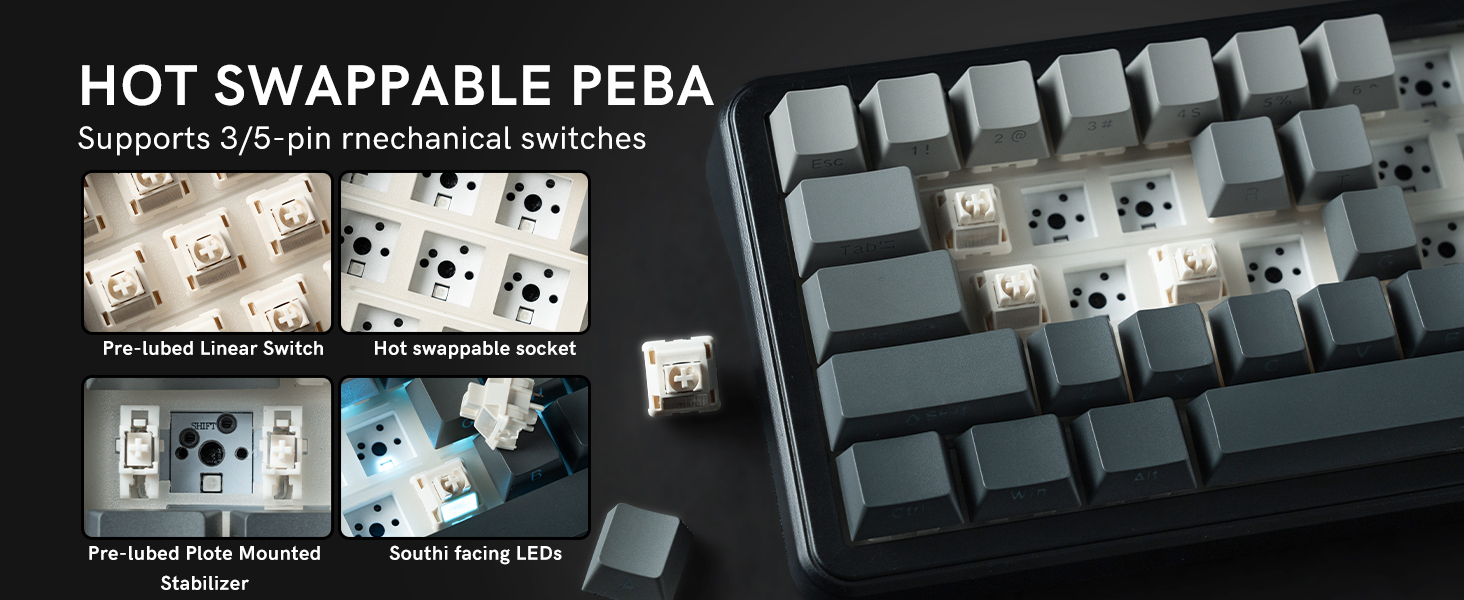 60 Mechanical Keyboard Wireless with Knob, Black Gaming Keyboard,USB-C/BT5/2.4G RGB Hot Swappable