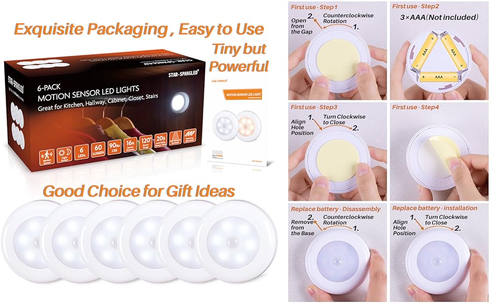 LED Motion Sensor Lights, Stick on Lights, Puck Lights, Closet Lights,Night Lights, STAR-SPANGLED