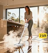 Text reads '23ft'. Sequence showing steam cleaning or mopping of a hardwood floor in sunlit room, demonstrating cleaning process.