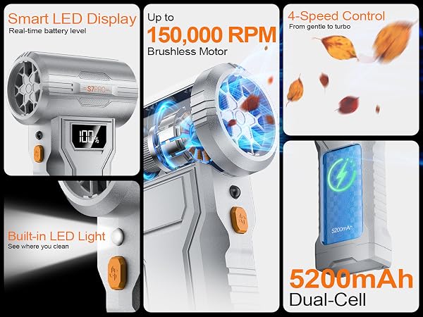 Air duster features: 150K RPM motor, LED battery display, work light, 4 speeds, 5200mAh battery