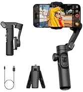 Black smartphone gimbal stabilizer with folding handle, tripod stand, and USB cable. Smartphone mounted shows camera interface with person in yellow clothing.