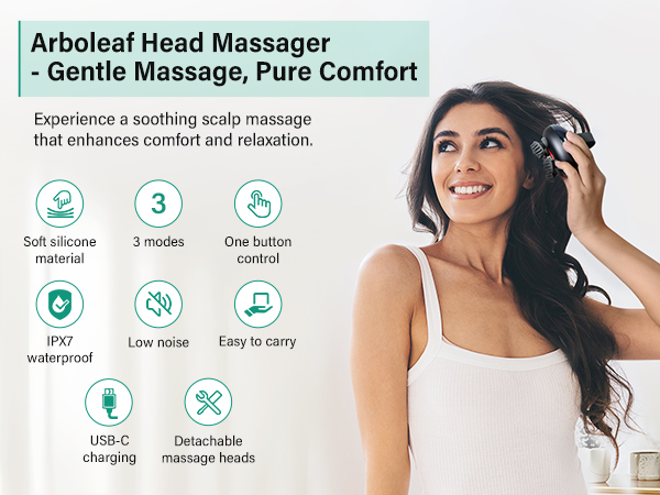 A lady using the scalp massager enjoys a soothing experience with 3 modes