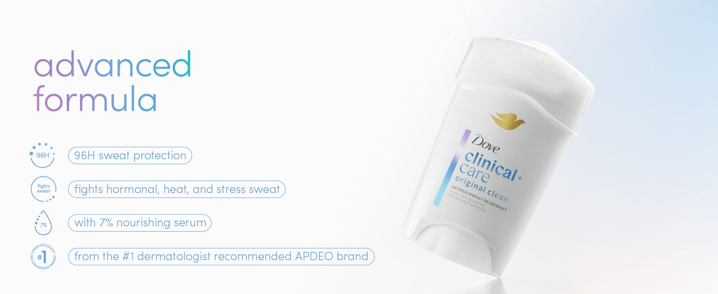 Clinical antiperspirant stick (brand with gold leaf logo) displayed at an angle