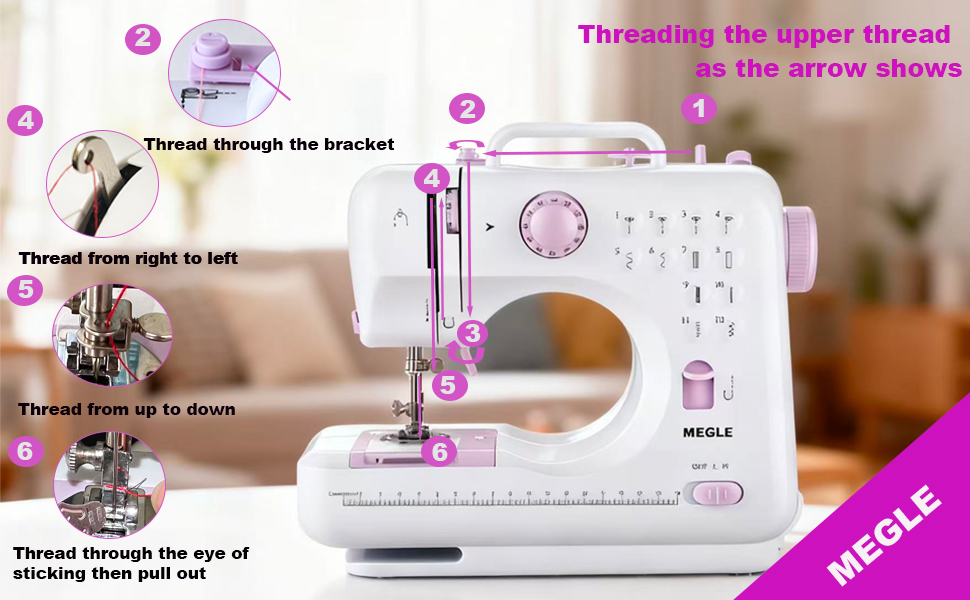 Threading the upper thread as the arrow shows