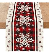 Niviy Snowflakes Christmas Table Runner with Buffalo Plaid, Winter Xmas Holiday Kitchen Dining Ta...