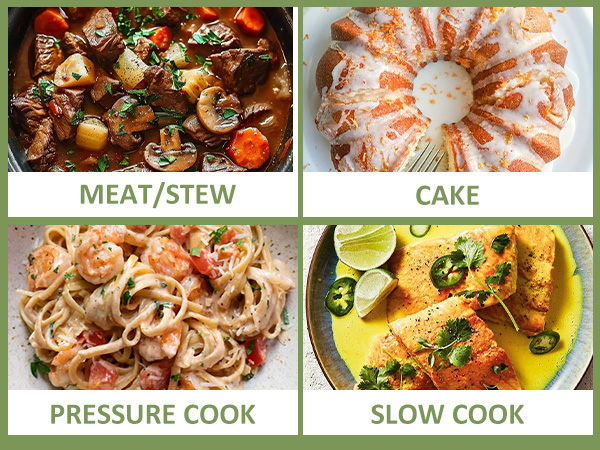 Cook meats, cakes &amp; hearty meals. Presets: Stew, Cake, Pressure, Slow Cook.
