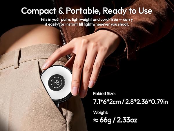 Text reads 'Compact &amp; Portable, Ready To Use', 'Folded Size: 7.1*6.92cm/2.8*2.36*0.79in', 'Weight:'. Close-up of hands demonstrating compact device usage.