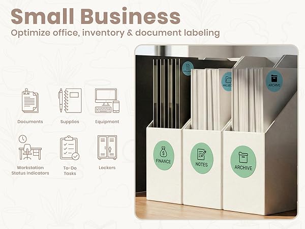 Text reads 'Small Business: Optimize office, inventory &amp; document labeling'. Infographic showing storage solutions with icons for various organization methods.