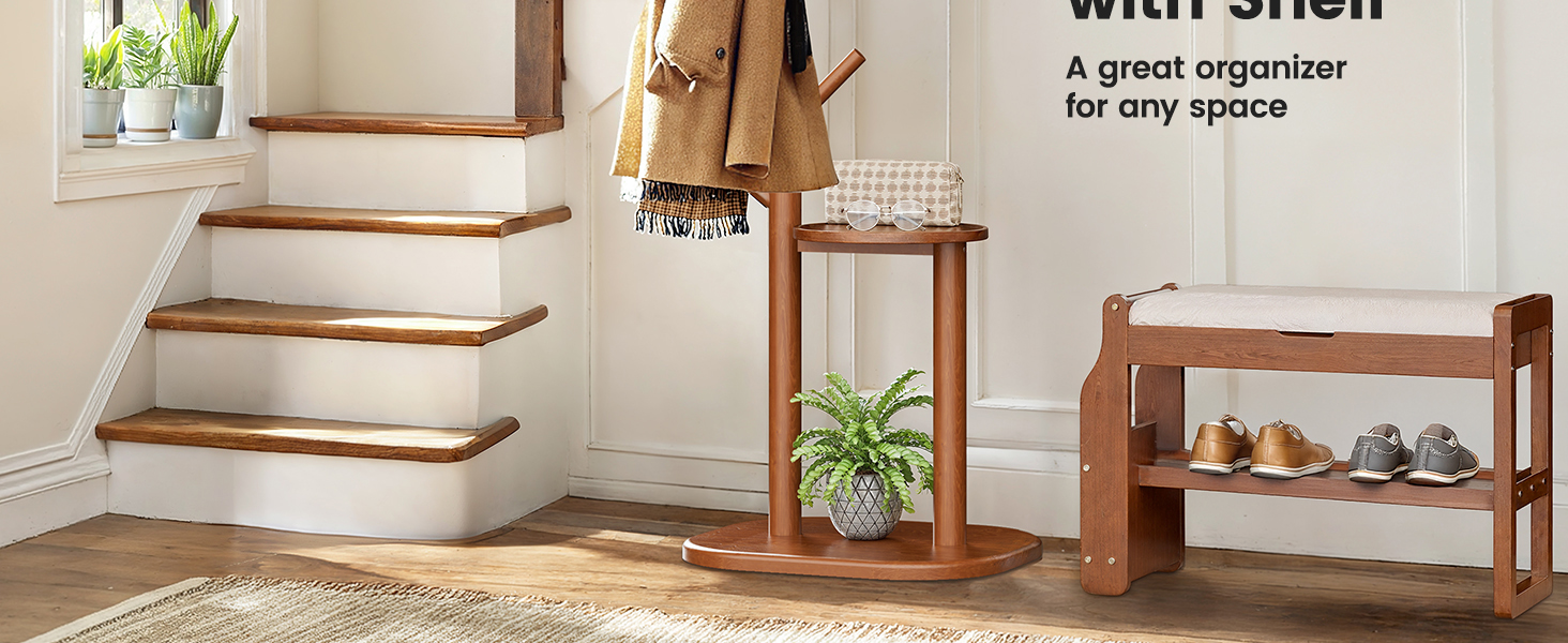 coat rack tree freestanding hat rack hall tree with shelf entryway hallway bedroom PIFCR11BR