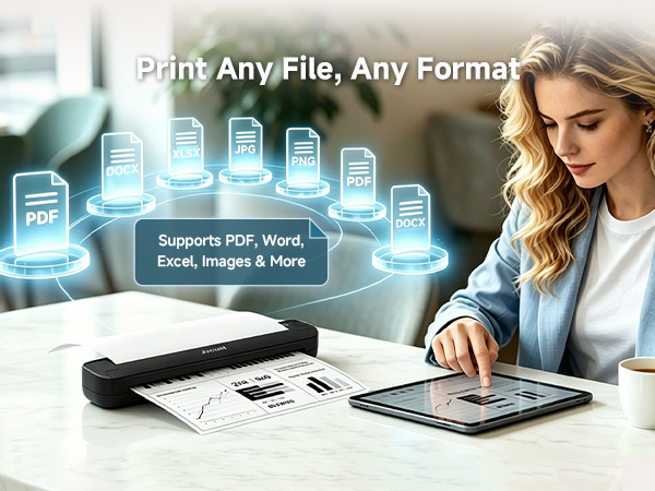 Woman uses the portable document printer to print PDF, Word, Excel, and image files from a tablet