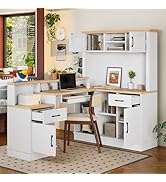Ywin L-Shaped Computer Desk, Executive Office Desk with Outlet, Drawers and Bookshelf, Modern Cor...