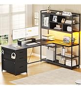 SEDETA L Shaped Computer Desk, 58'' Office Desk with 3 Drawers and Bookshelf, L Shaped Corner Des...