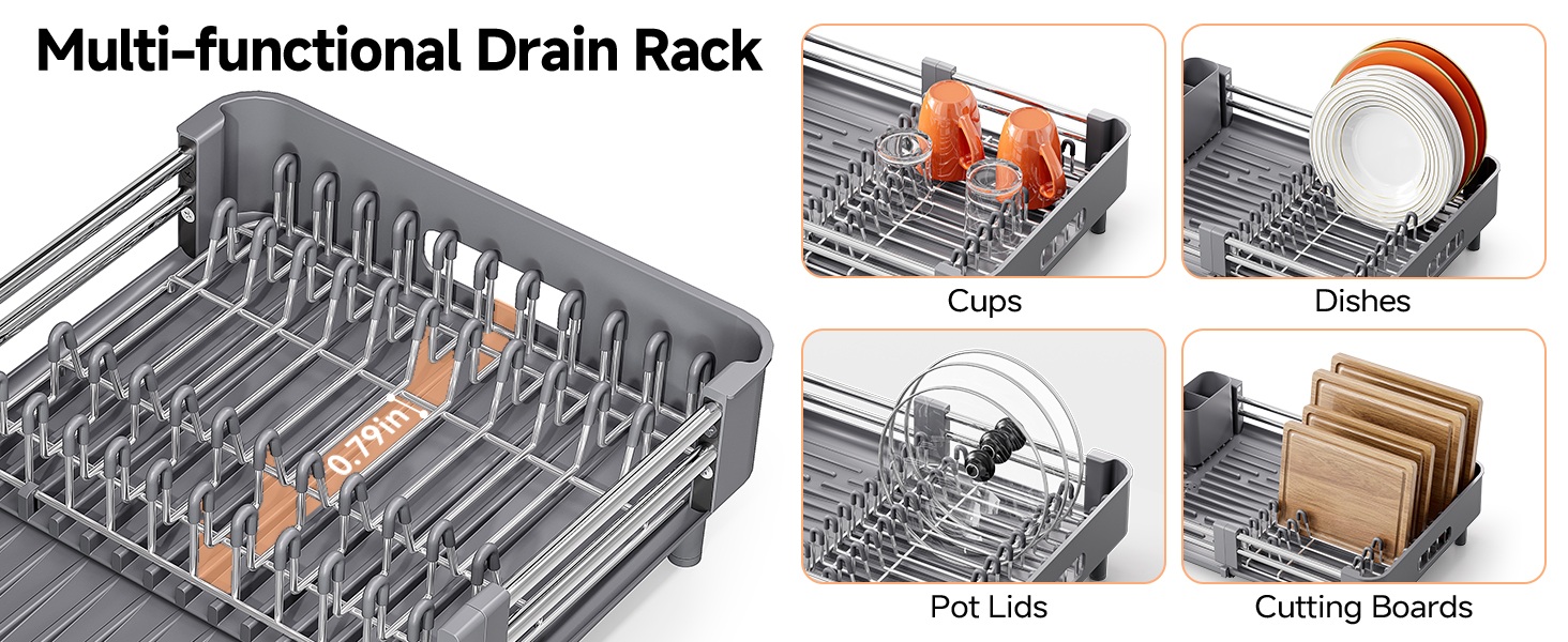 Expandable Dish Drying Rack for Kitchen Counter, Extendable Dish Rack with Drainboard