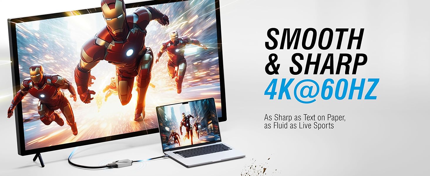 Text reads 'SMOOTH &amp; SHARP' and '4K@60HZ'. Display technology promotional image showing multiple screens with gaming/action content.