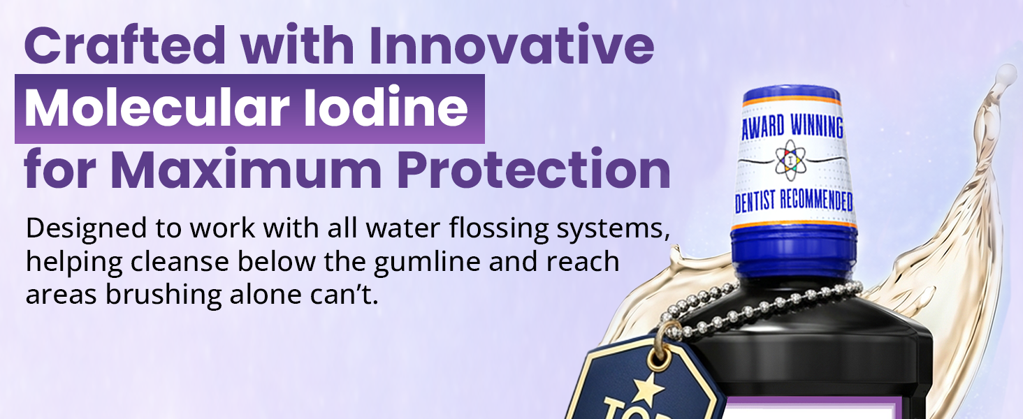 Molecular iodine oral irrigant concentrate for use with water flossing devices