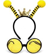 2 Pieces Bee Headband and Glasses Set, Includes Yellow Antenna Crown Headband and Round Honeycomb...
