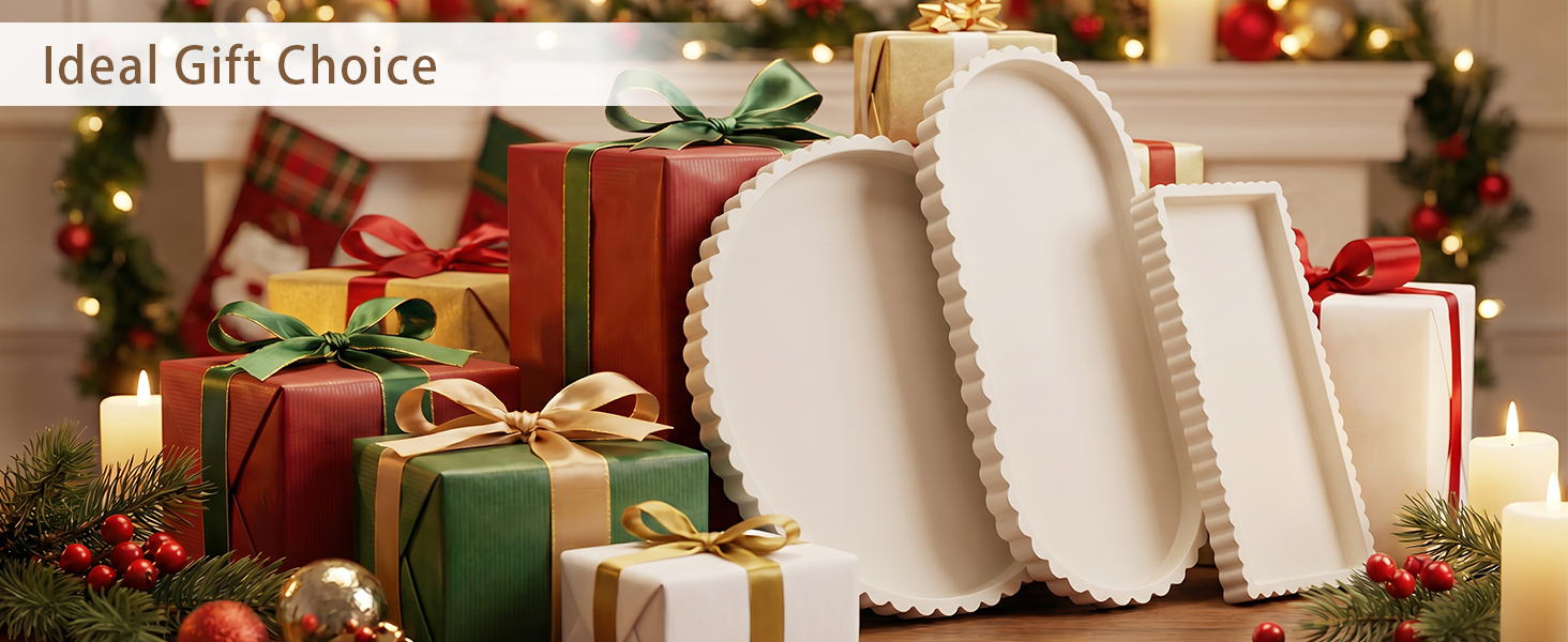 Text reads 'Ideal Gift Choice'. White ceramic or porcelain plates stacked together with holiday decorations and wrapped gifts visible in background.