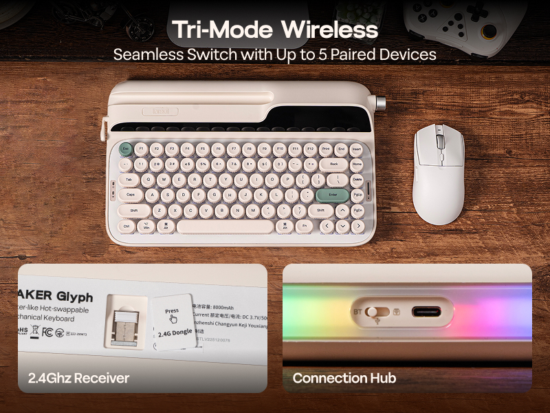 Text reads 'Tri-Mode Wireless'. Product layout showing retro-style keyboard, wireless mouse, 2.4Ghz receiver and connection hub with RGB lighting.