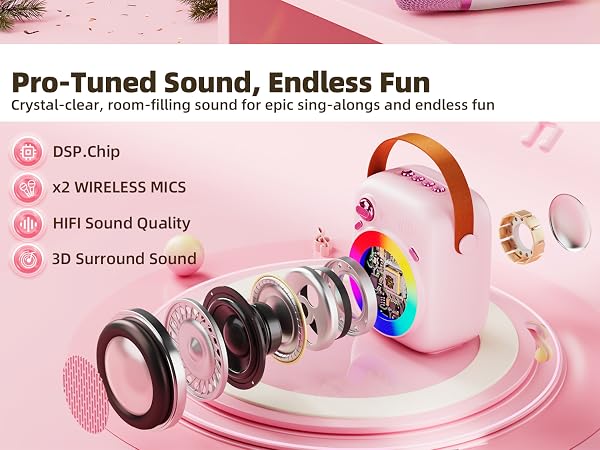 Kids Karaoke Machine Ages 3-12, Bluetooth 5.3 Speaker with 2 Wireless Mics