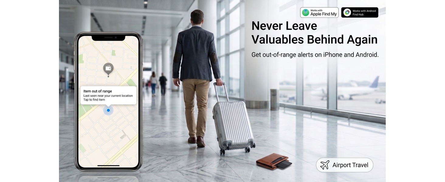 Airport travel scene showing a tracker tag triggering an out-of-range alert on a smartphone.