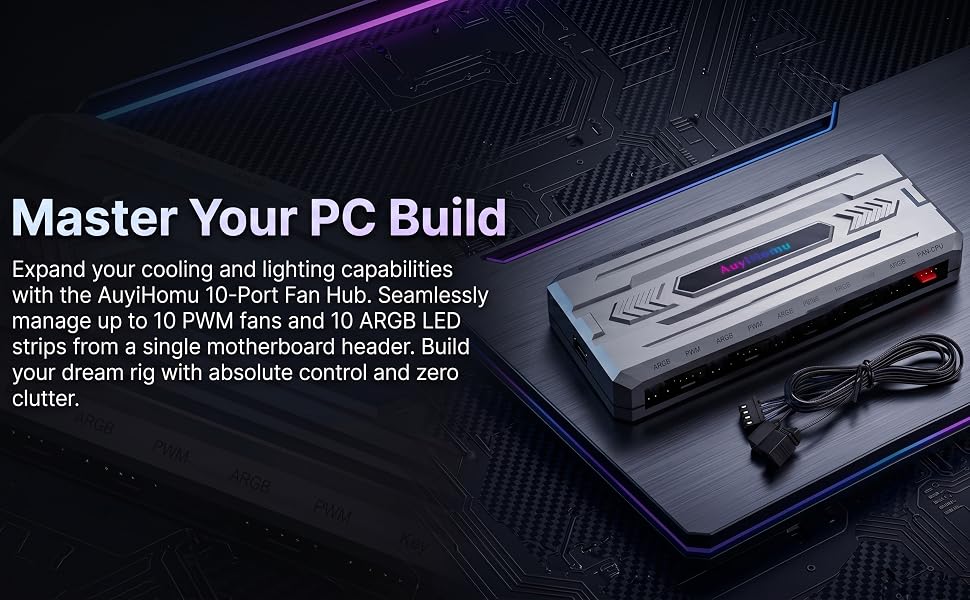 AuyiHomu 10-Port Fan Hub, PWM and 5V 3-Pin ARGB splitter, SATA power PC cable management